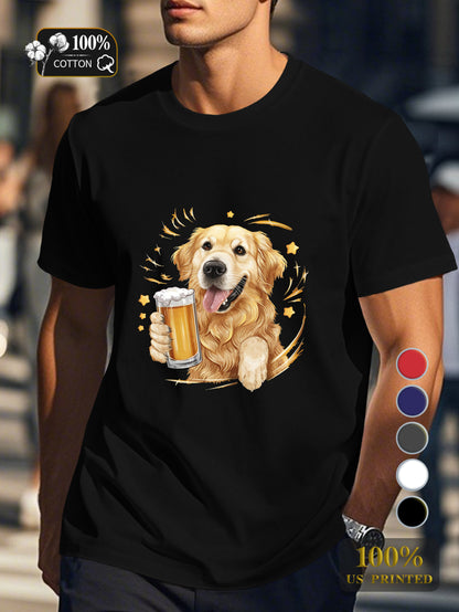 Golden retriever with beer Men's pure cotton Tshirt Comfort Fit