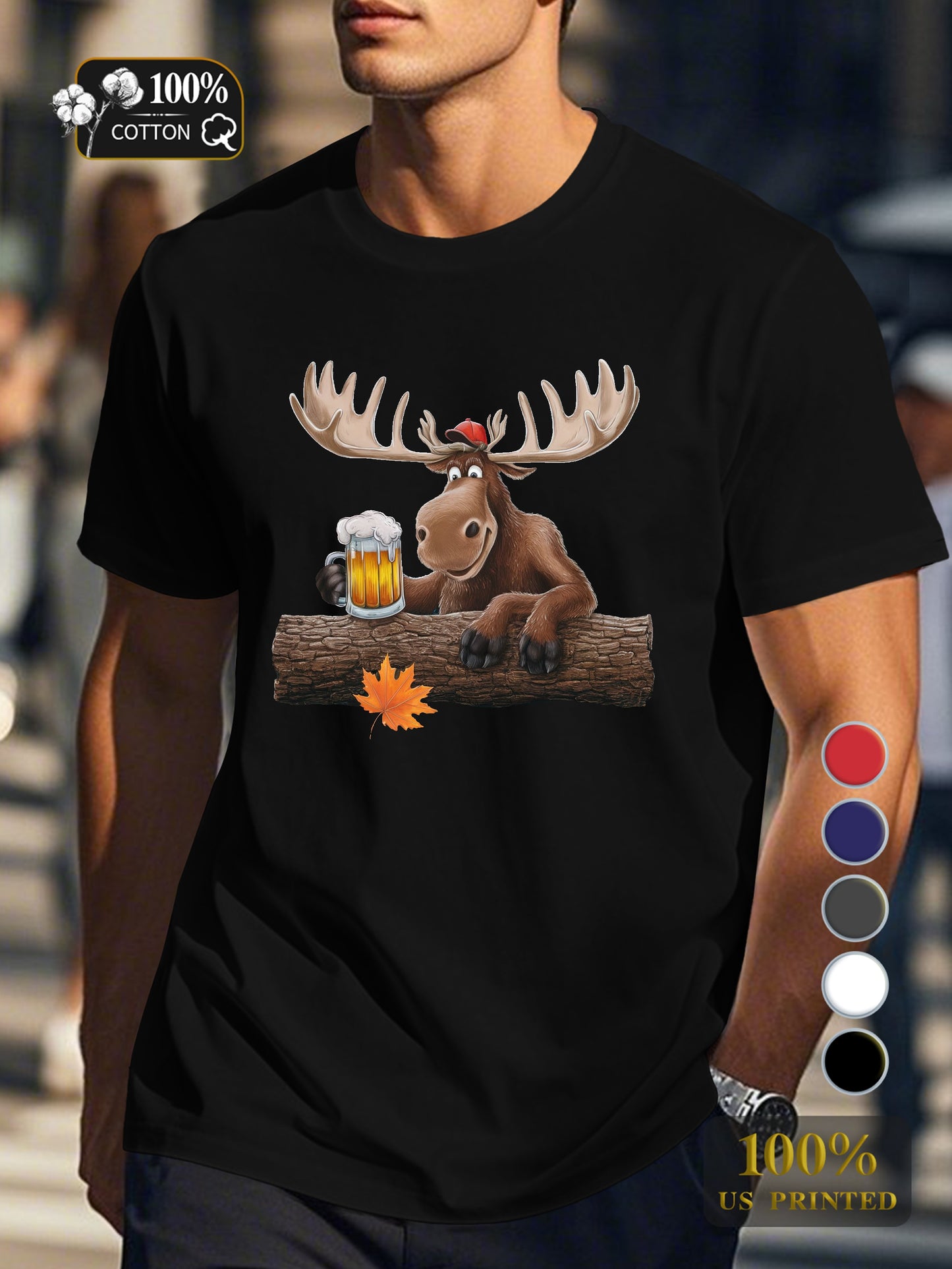 cartoon moose with beer Men's pure cotton Tshirt Comfort Fit