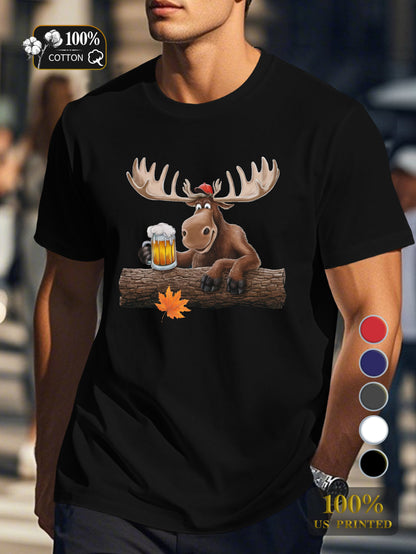 cartoon moose with beer Men's pure cotton Tshirt Comfort Fit