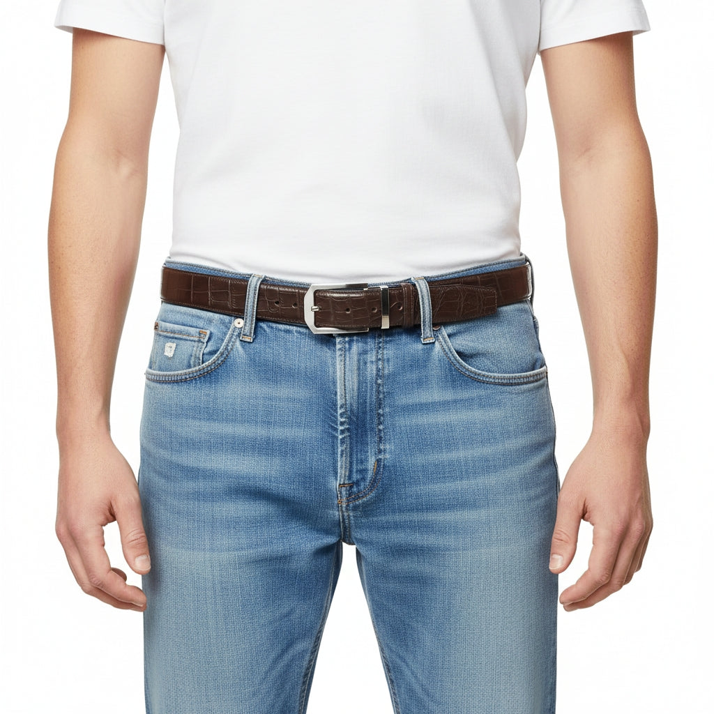 BELTLEY Polished Buckle Crocodile Belt - Espresso Brown 1.38 inches