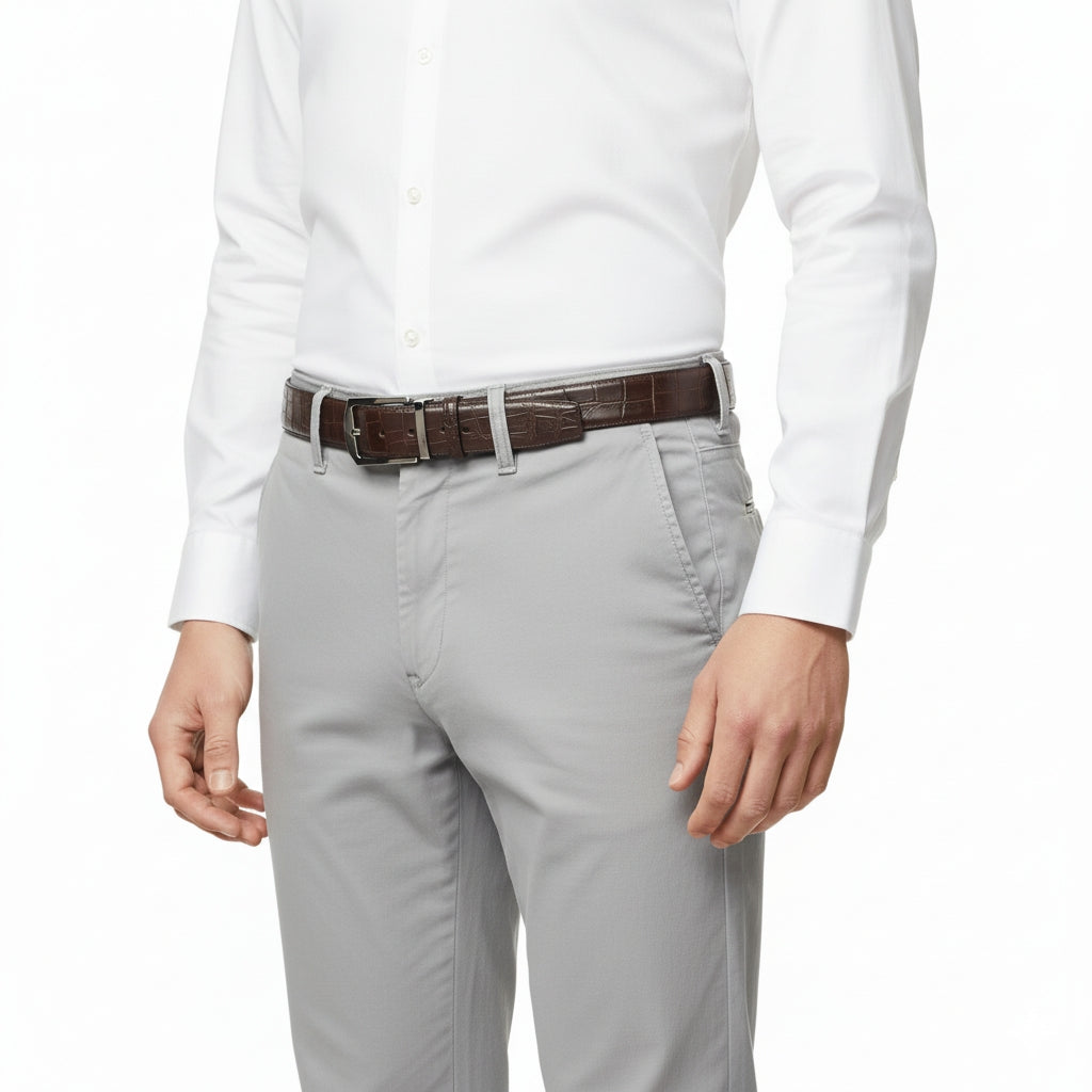 BELTLEY Polished Buckle Crocodile Belt - Espresso Brown 1.38 inches