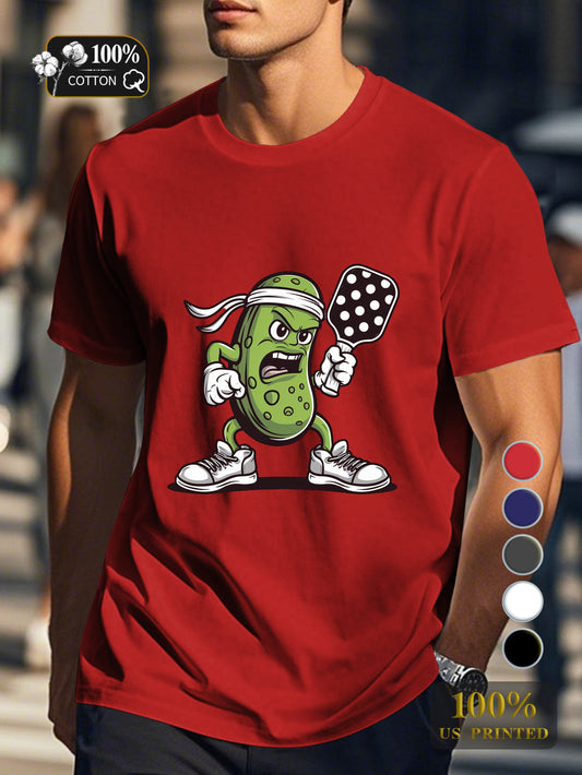 determined pickle character playing pickleball Men's pure cotton Tshirt Comfort Fit