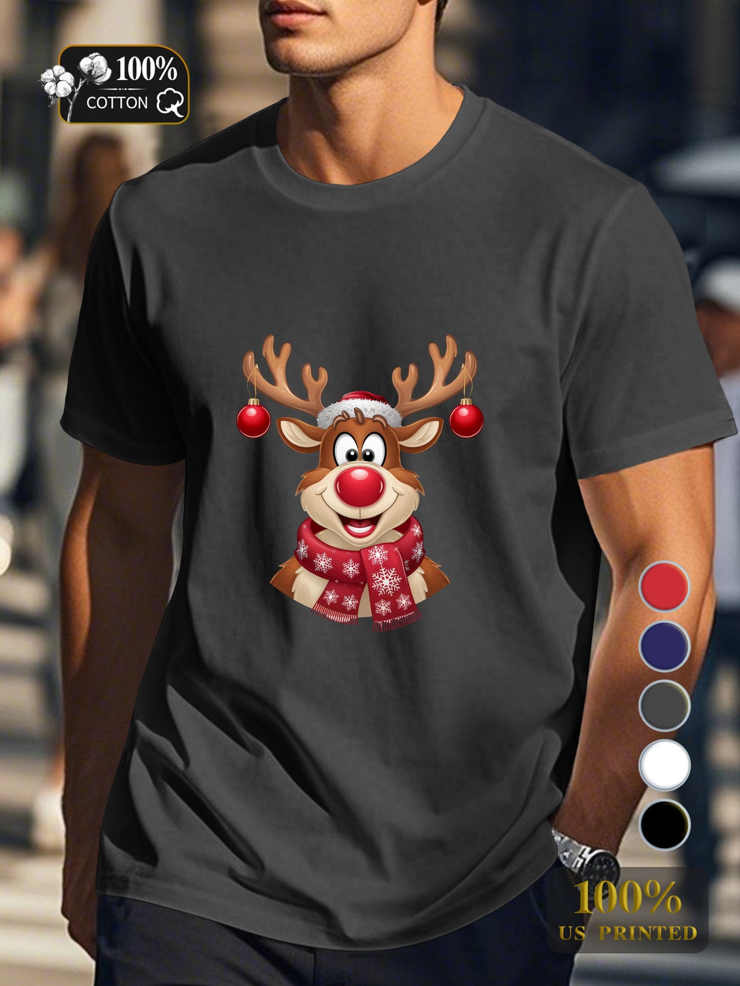 Jovial cartoon reindeer Men's pure cotton Tshirt Comfort Fit