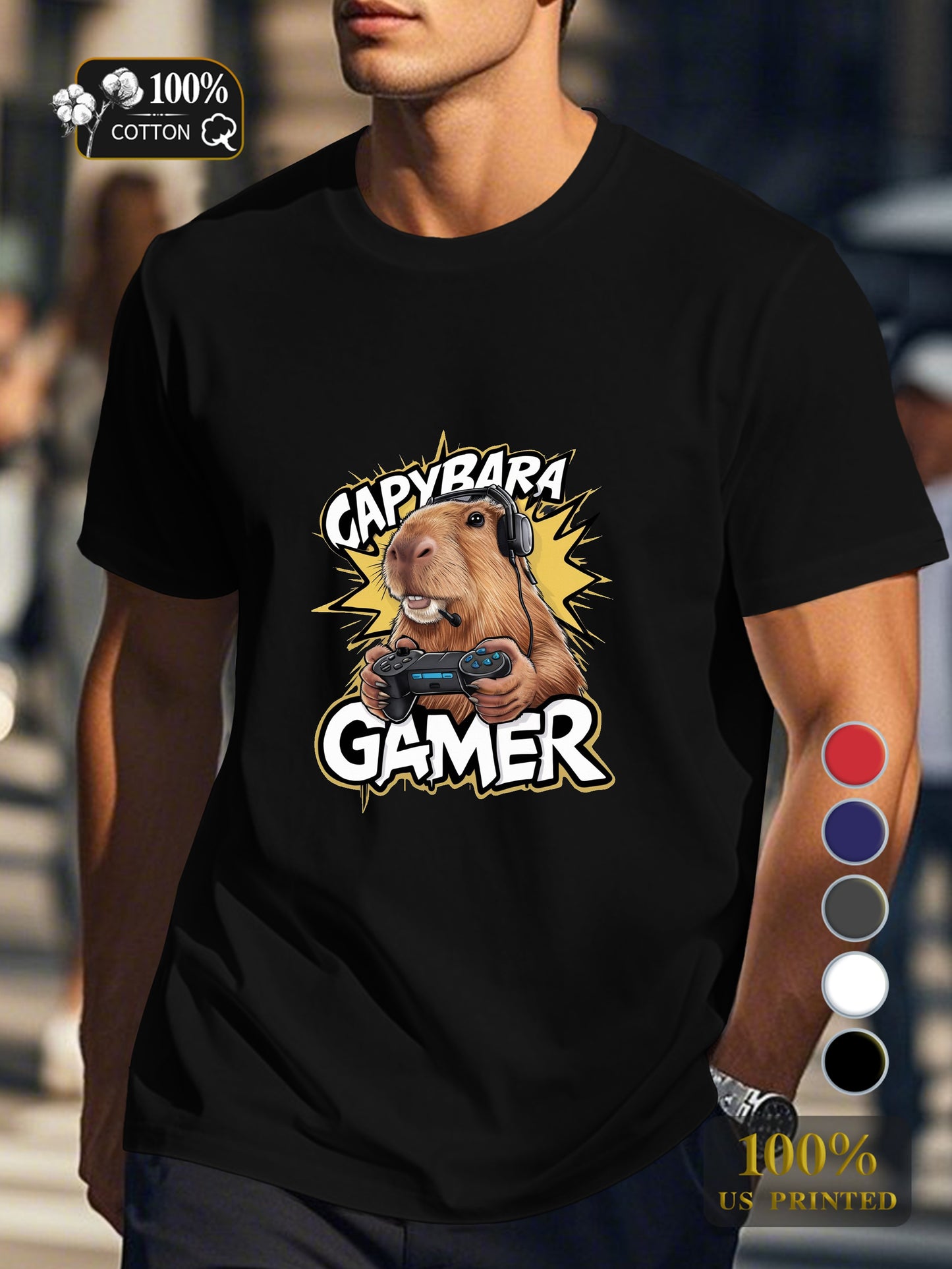 capybara gaming illustration Men's pure cotton Tshirt Comfort Fit