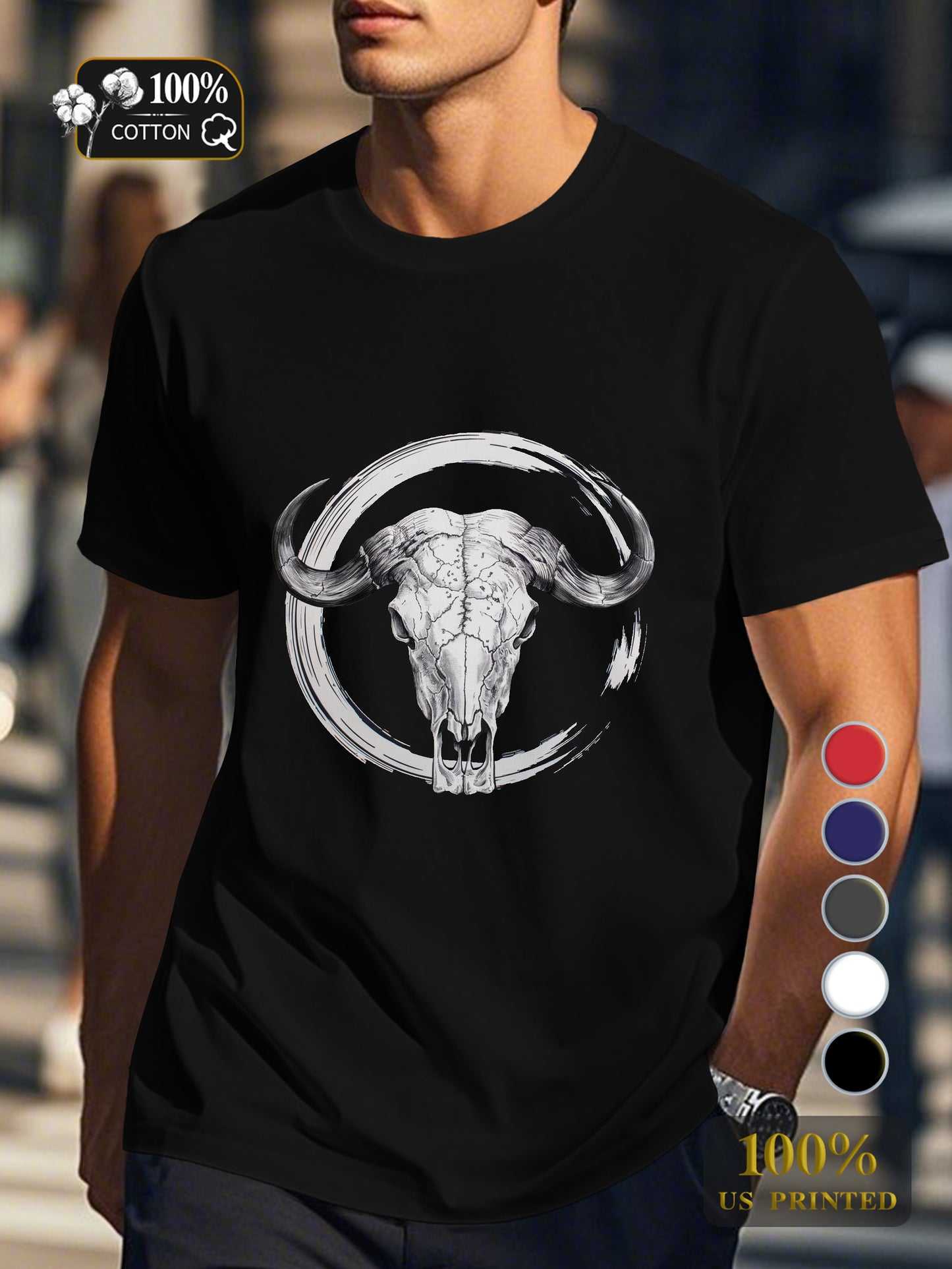 artistic representation of a buffalo skull Men's pure cotton Tshirt Comfort Fit