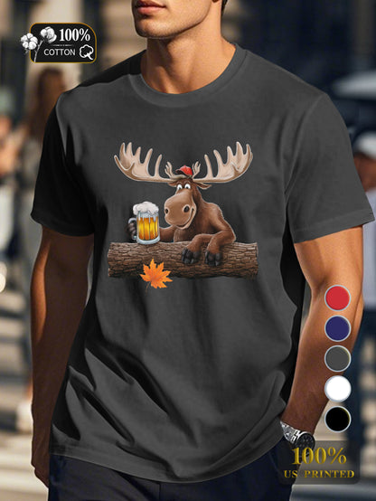 cartoon moose with beer Men's pure cotton Tshirt Comfort Fit