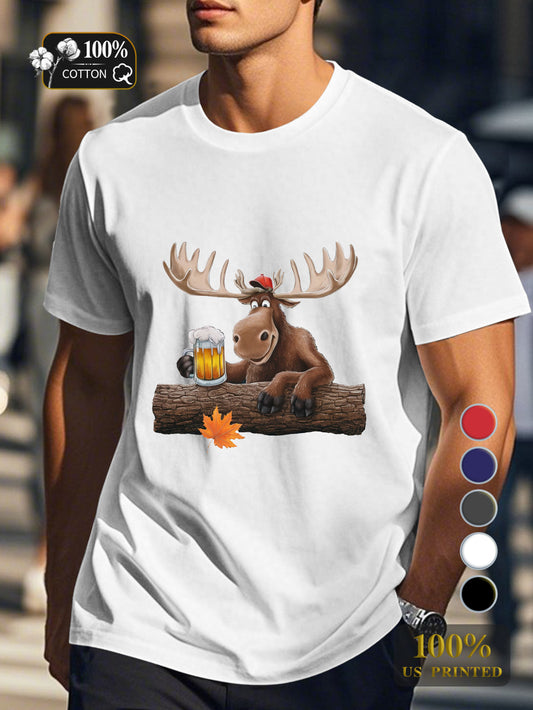 cartoon moose with beer Men's pure cotton Tshirt Comfort Fit
