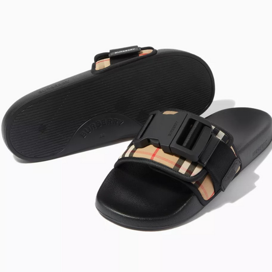 Buckled Strap Slides Check Cotton