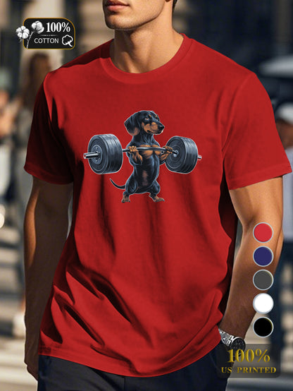 muscular dachshund lifting barbell Men's pure cotton Tshirt Comfort Fit