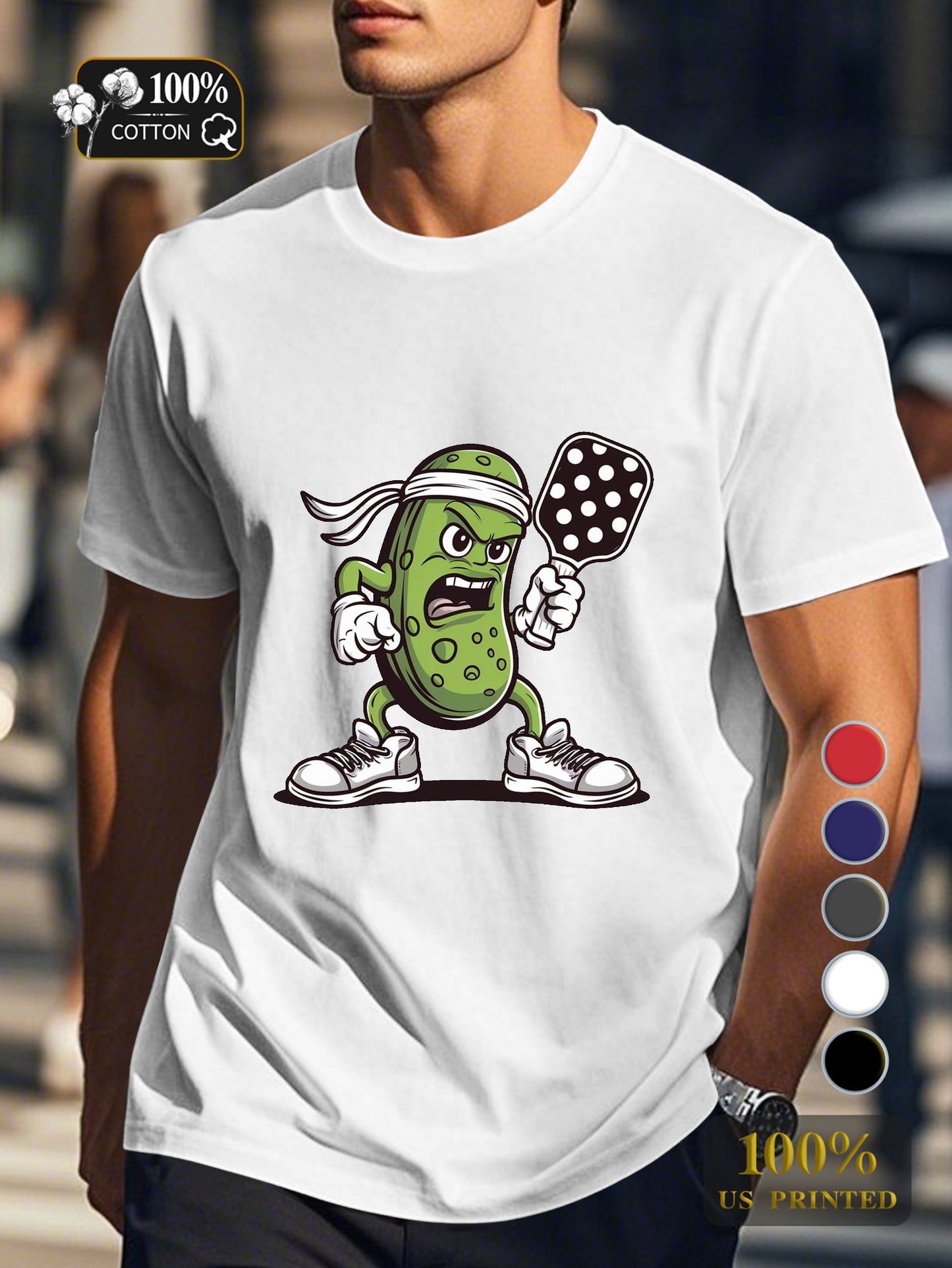 determined pickle character playing pickleball Men's pure cotton Tshirt Comfort Fit