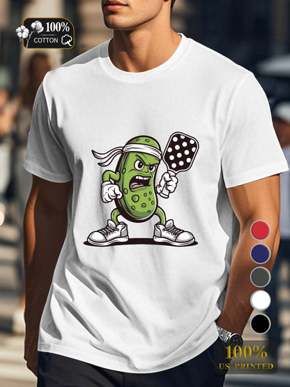 determined pickle character playing pickleball Men's pure cotton Tshirt Comfort Fit