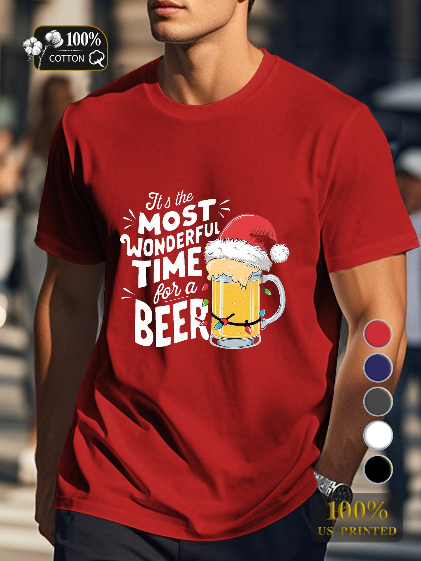 Beer mug with Santa hat Men's pure cotton Tshirt Comfort Fit