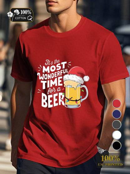 Beer mug with Santa hat Men's pure cotton Tshirt Comfort Fit
