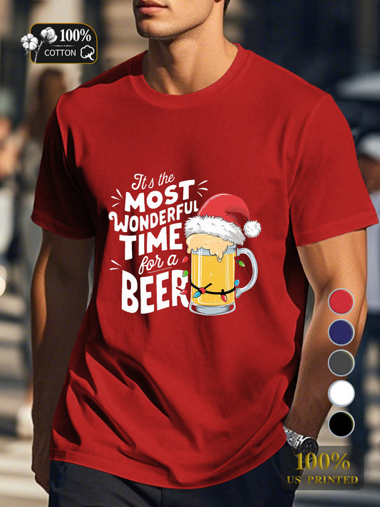Beer mug with Santa hat Men's pure cotton Tshirt Comfort Fit