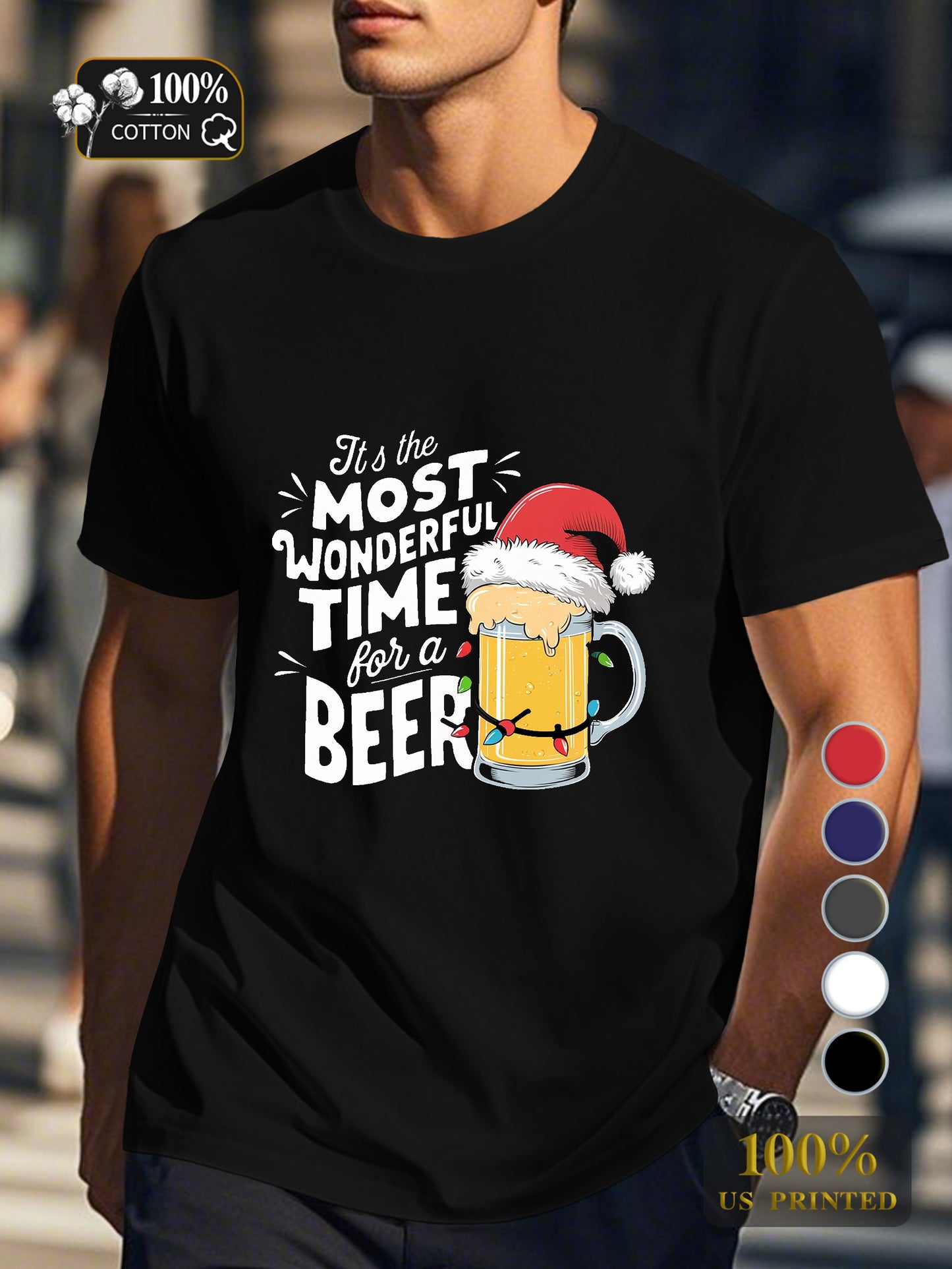 Beer mug with Santa hat Men's pure cotton Tshirt Comfort Fit