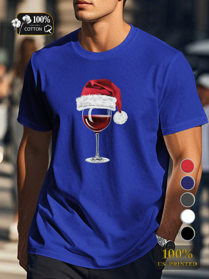 Santa hat on wine glass Men's pure cotton Tshirt Comfort Fit